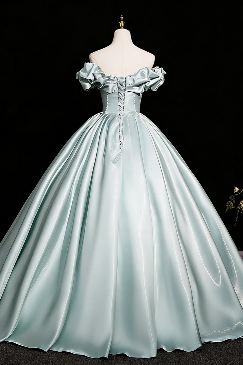 Elegant Mint Green Off-the-Shoulder Satin Ball Gown with Bow and Pearl Detail,Corset Prom Dress for Women, Formal Evening Gown for Quinceanera, Pageant and Wedding Floral019