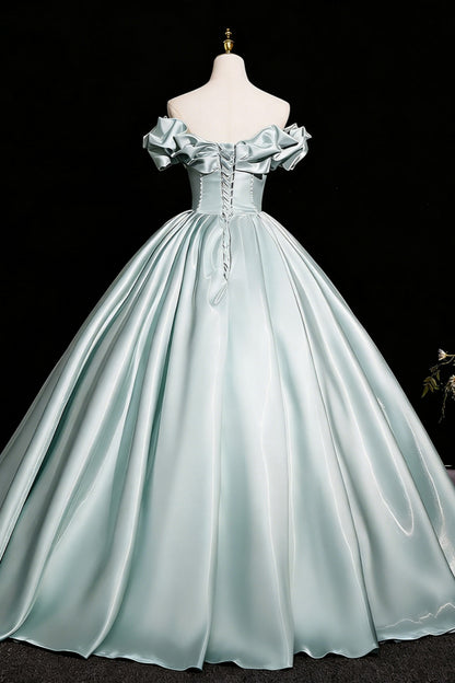 Elegant Mint Green Off-the-Shoulder Satin Ball Gown with Bow and Pearl Detail,Corset Prom Dress for Women, Formal Evening Gown for Quinceanera, Pageant and Wedding Floral019