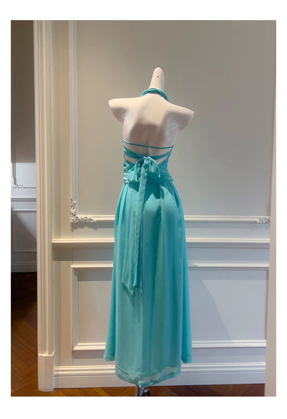 Halter Turquoise Chiffon Midi Evening Dress  F0439
