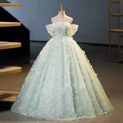 Mint Green Off-the-Shoulder Prom Dress 3D Butterfly Tulle Ball Gown for Women, Formal Evening Gown Floral017