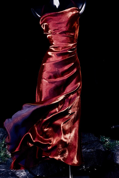 Metallic Satin Cowl Neck Midi Dress Ruched Formal Homecoming Party Gown F0120