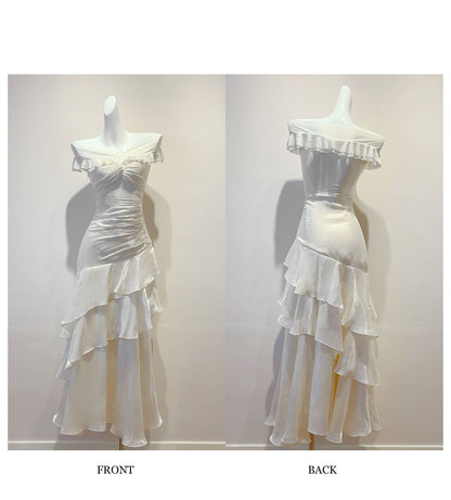 White Long Off-The-Shoulder Prom Dress With Ruffle Details. FD03