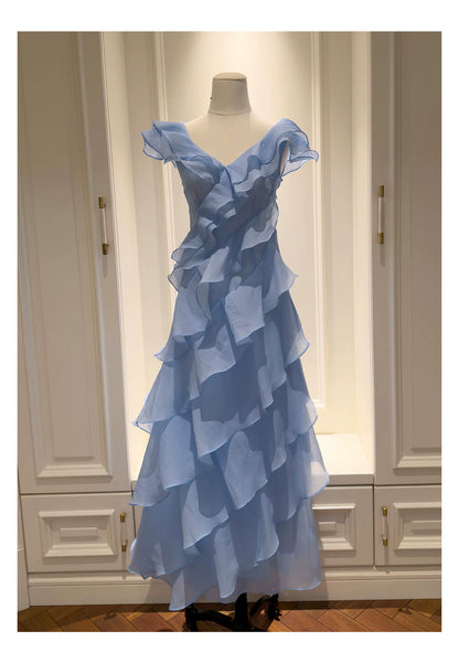 Light Blue V Neck Ruffle Long Evening Dress F0446