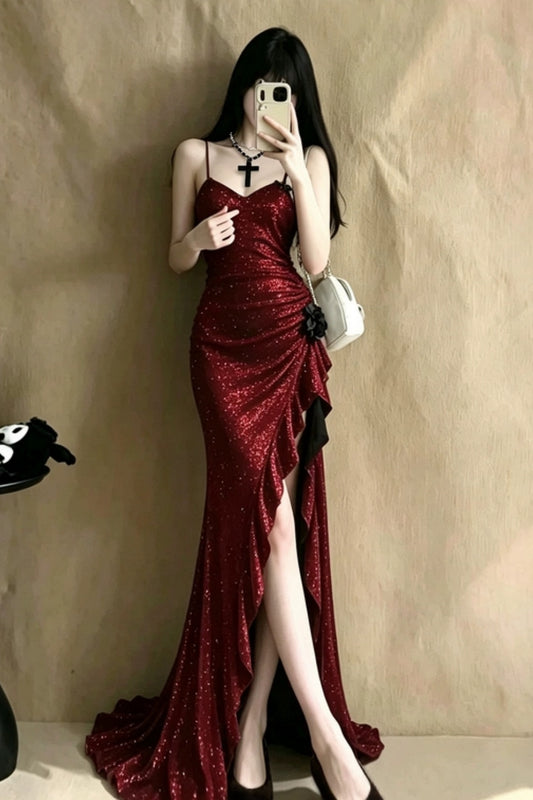 Burgundy Glitter Spaghetti Strap Mermaid Long Prom Dress F0280