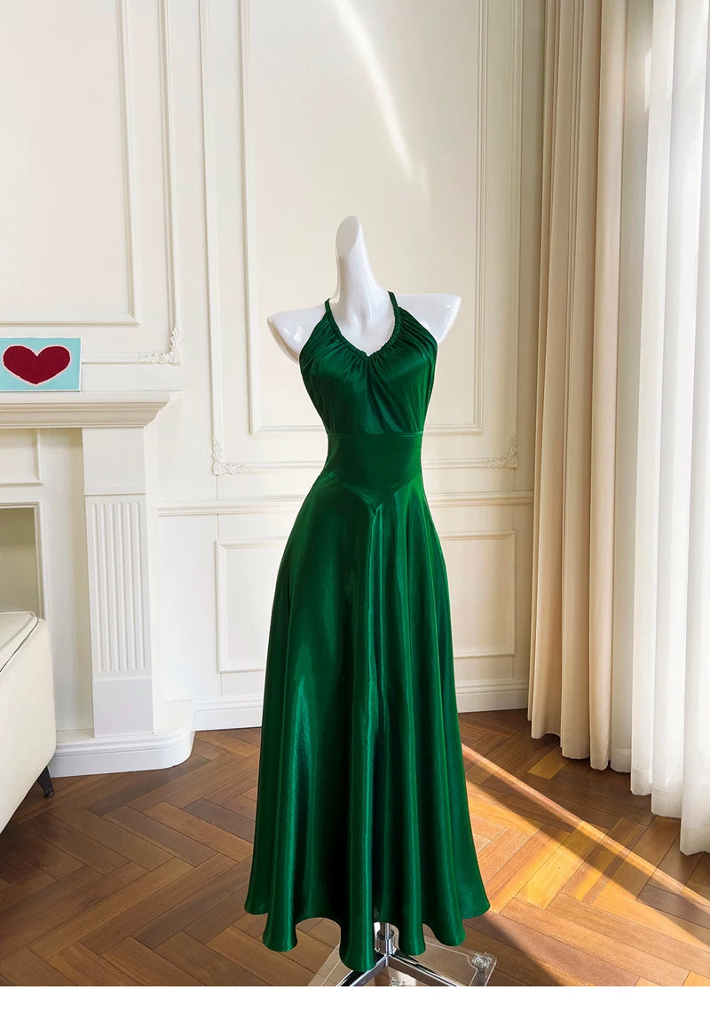Emerald Green Satin Halter Maxi Dress, Cross Back Formal Evening Gown F0436