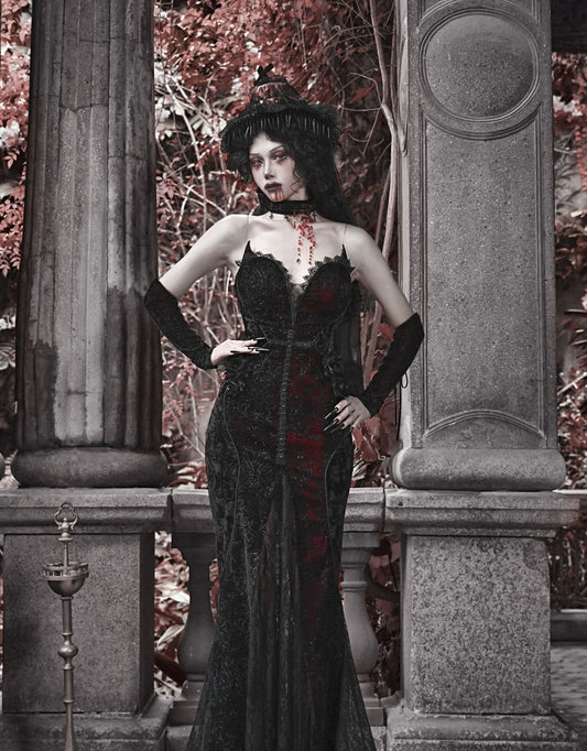 Black Red Gothic Mermaid Gown Halloween Vampire Party Dress F0496