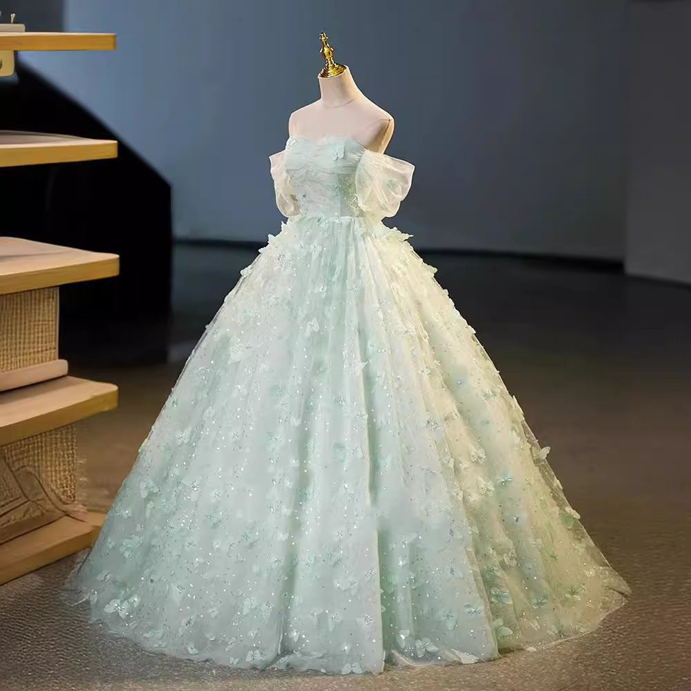 Mint Green Off-the-Shoulder Prom Dress 3D Butterfly Tulle Ball Gown for Women, Formal Evening Gown Floral017