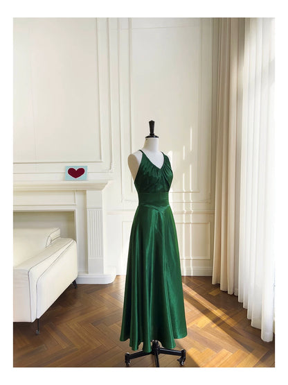 Emerald Green Satin Halter Maxi Dress, Cross Back Formal Evening Gown F0436