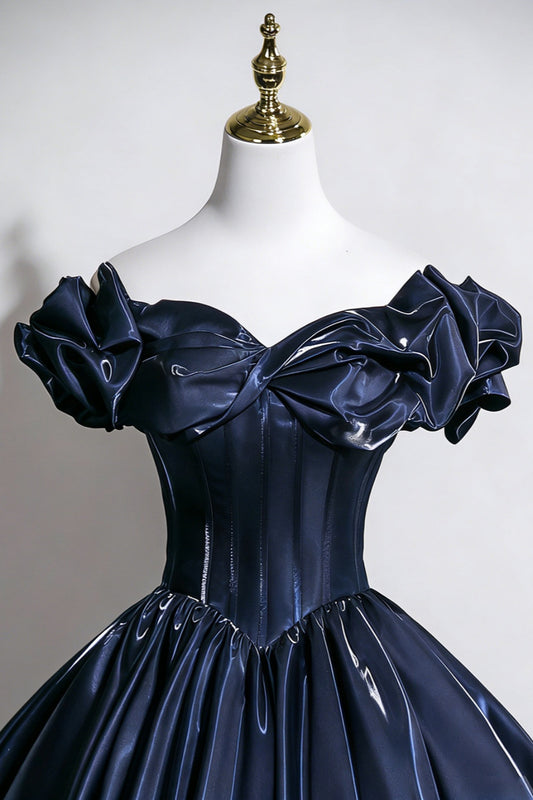 Navy Blue Off-the-Shoulder Ball Gown Satin Corset Prom Dress for Women, Formal Evening Gown Floral018