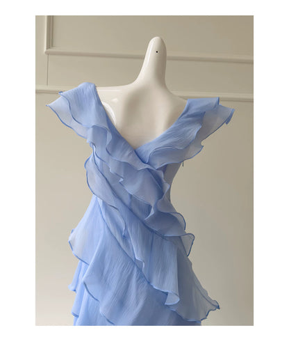 Light Blue V Neck Ruffle Long Evening Dress F0446