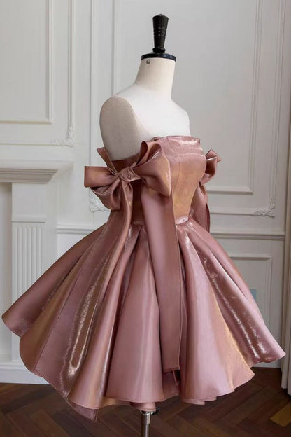 Gorgeous square neck shiny satin mini dress with big shoulder bows, puffy short dress F0287