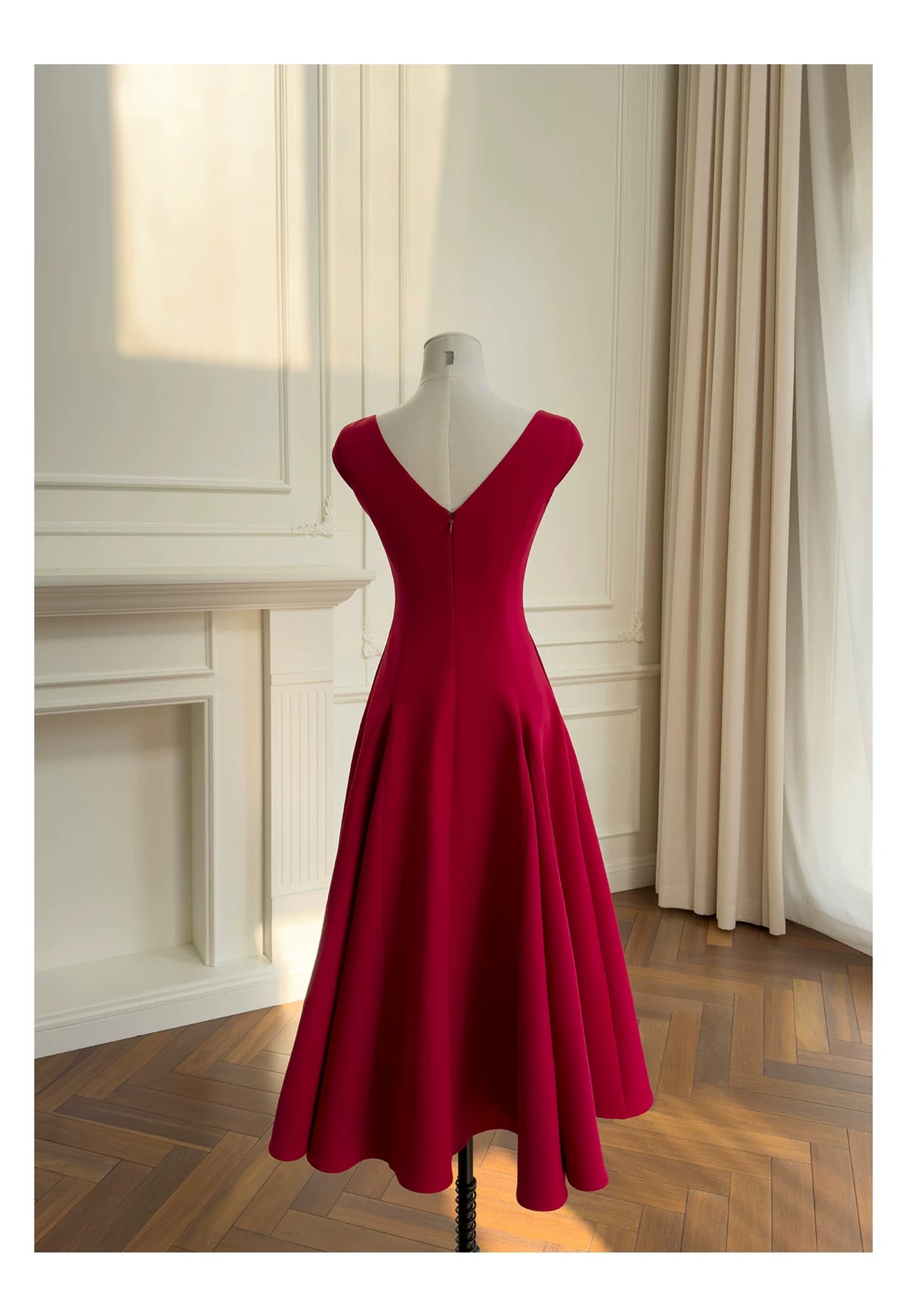 Burgundy Square Neck Midi Formal Dress Cap Sleeve A-Line Evening Party Dress F0433