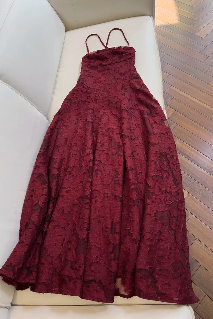 Spaghetti Strap Burgundy Textured Lace Long Evening Dress  F0440