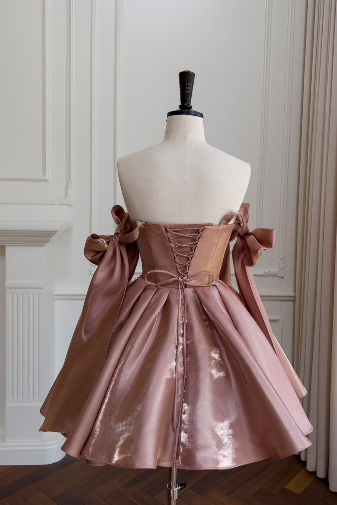 Gorgeous square neck shiny satin mini dress with big shoulder bows, puffy short dress F0287