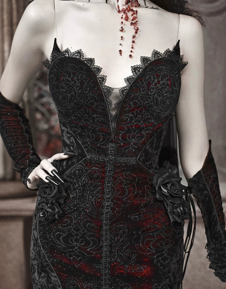 Black Red Gothic Mermaid Gown Halloween Vampire Party Dress F0496