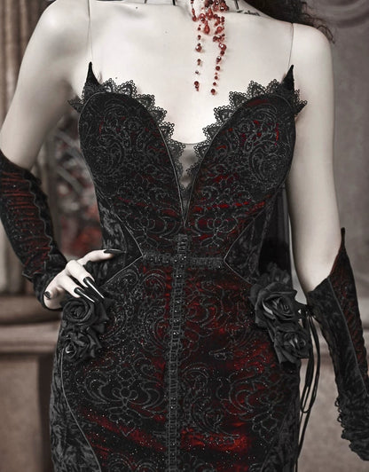 Black Red Gothic Mermaid Gown Halloween Vampire Party Dress F0496