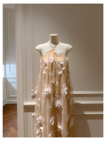Halter Nude 3D Floral Tulle Long Evening Dress F0444