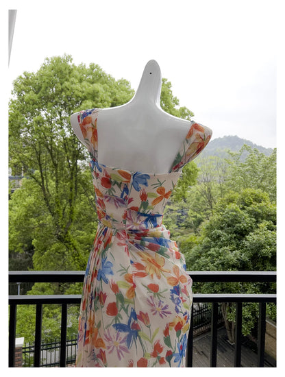 Watercolor Floral Chiffon Maxi Dress, Square Neck Spaghetti Strap Dress F0435