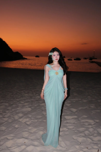 Custom Mint Halter Draped Mesh Maxi Dress Beach Wedding Guest Long Evening Gown Elegant Vacation Outfit Floral052