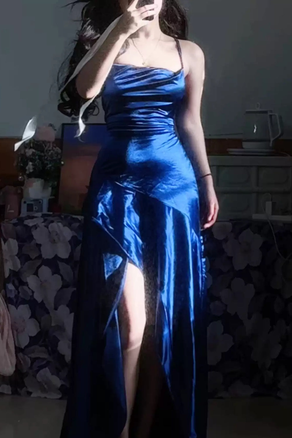 Formal Dress Black Satin Strappy Custom Wedding Guest Cocktail Back Lace Up Long Gown Floral053
