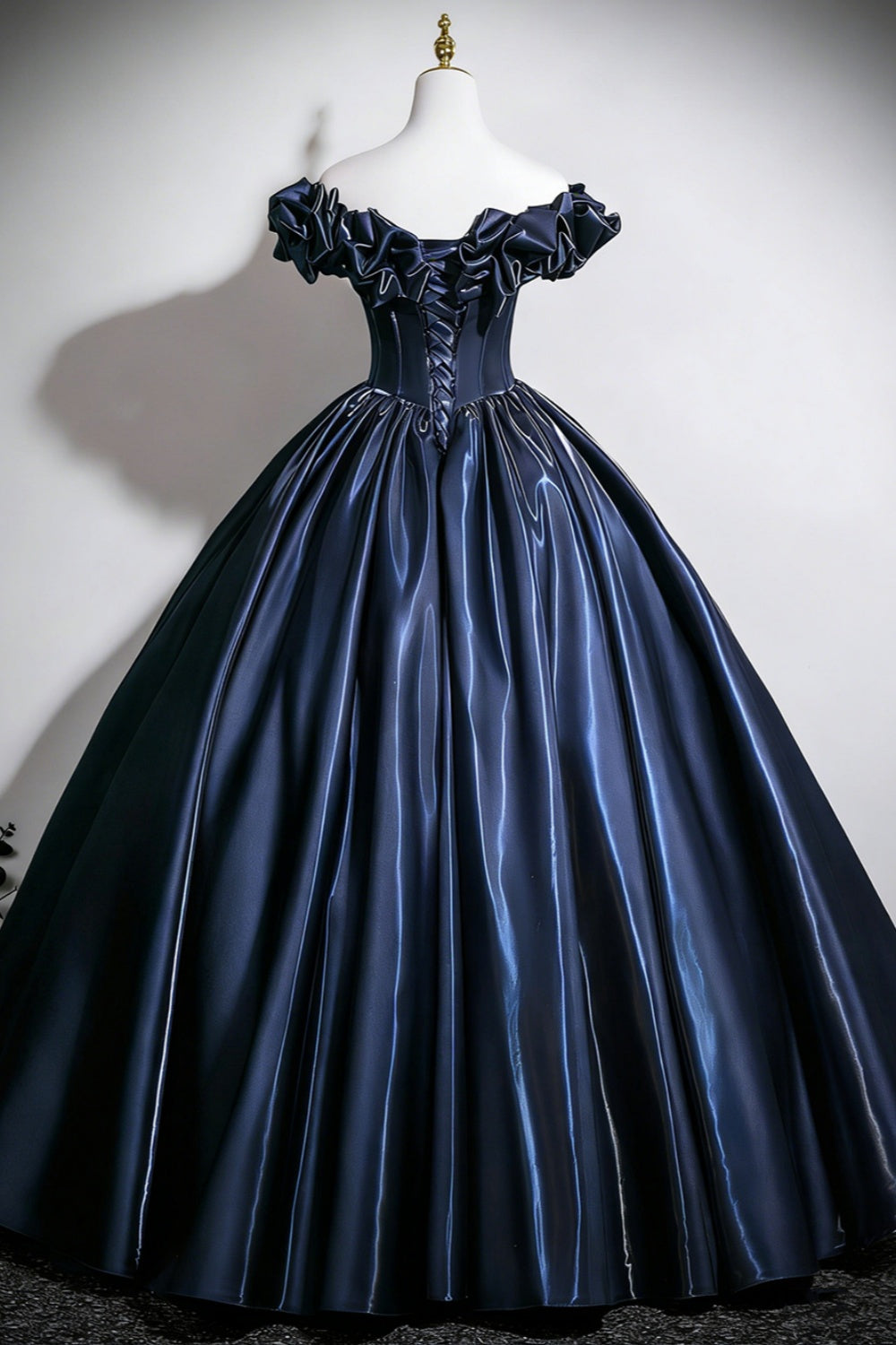 Navy Blue Off-the-Shoulder Ball Gown Satin Corset Prom Dress for Women, Formal Evening Gown Floral018