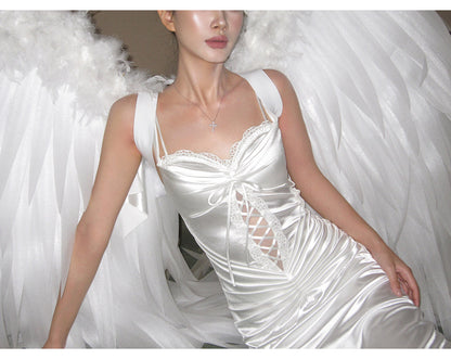 French-Style Elegant Satin Slim-Fit Spaghetti Strap Mermaid Dress With Ruched Details, Perfect For Birthdays And Special Occasions FD02