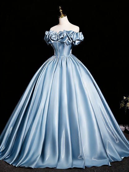 Elegant Blue Off-the-Shoulder Satin Ball Gown with Bow and Pearl Detail, Luxury Corset Prom Dress for Women, Formal Evening Gown for Quinceanera, Pageant and Wedding Floral020