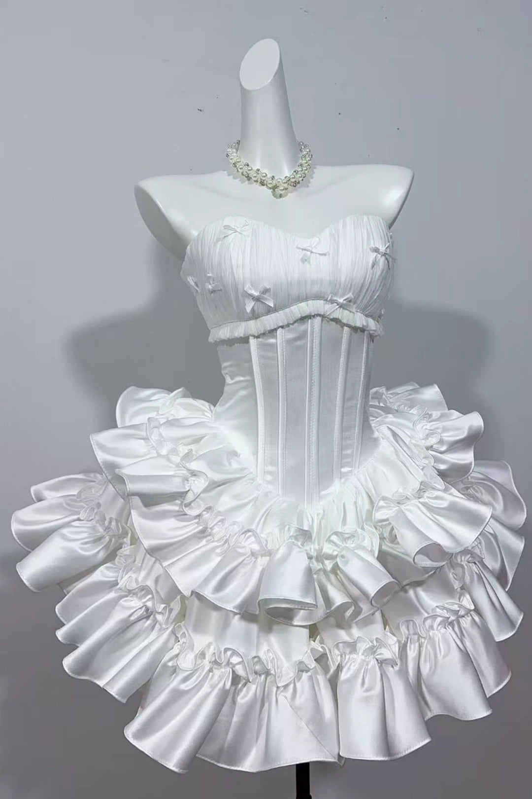 Strapless Ruffled Satin Mini Homecoming Dress With Tiny Bows F0312