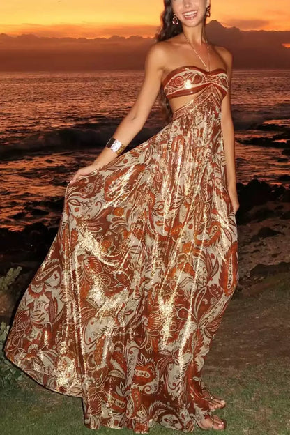 Bohemian Vintage Paisley Gold Foil Print Strapless Cutout Maxi Dress Convertible Halter Chiffon Flowy Long Dress For Holiday Beach Vacation F066