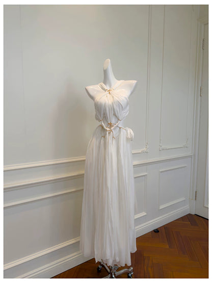 Halter White Chiffon Maxi Evening Dress F0438