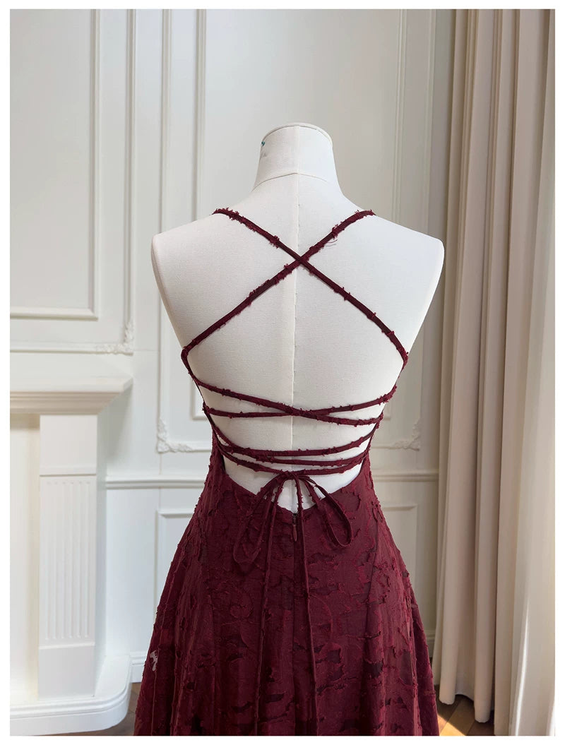 Spaghetti Strap Burgundy Textured Lace Long Evening Dress  F0440