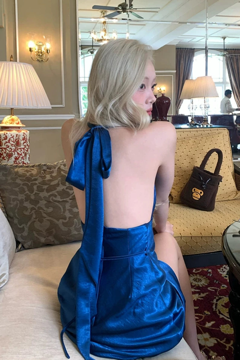 Open Back Satin Halter Mini Dress with Back Bow, Cocktail Party Dress F059