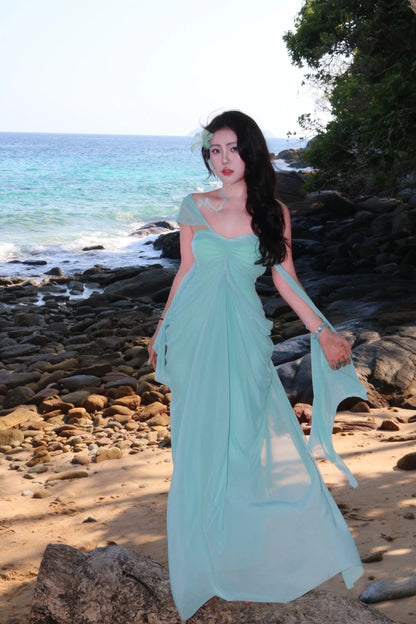 Custom Mint Halter Draped Mesh Maxi Dress Beach Wedding Guest Long Evening Gown Elegant Vacation Outfit Floral052