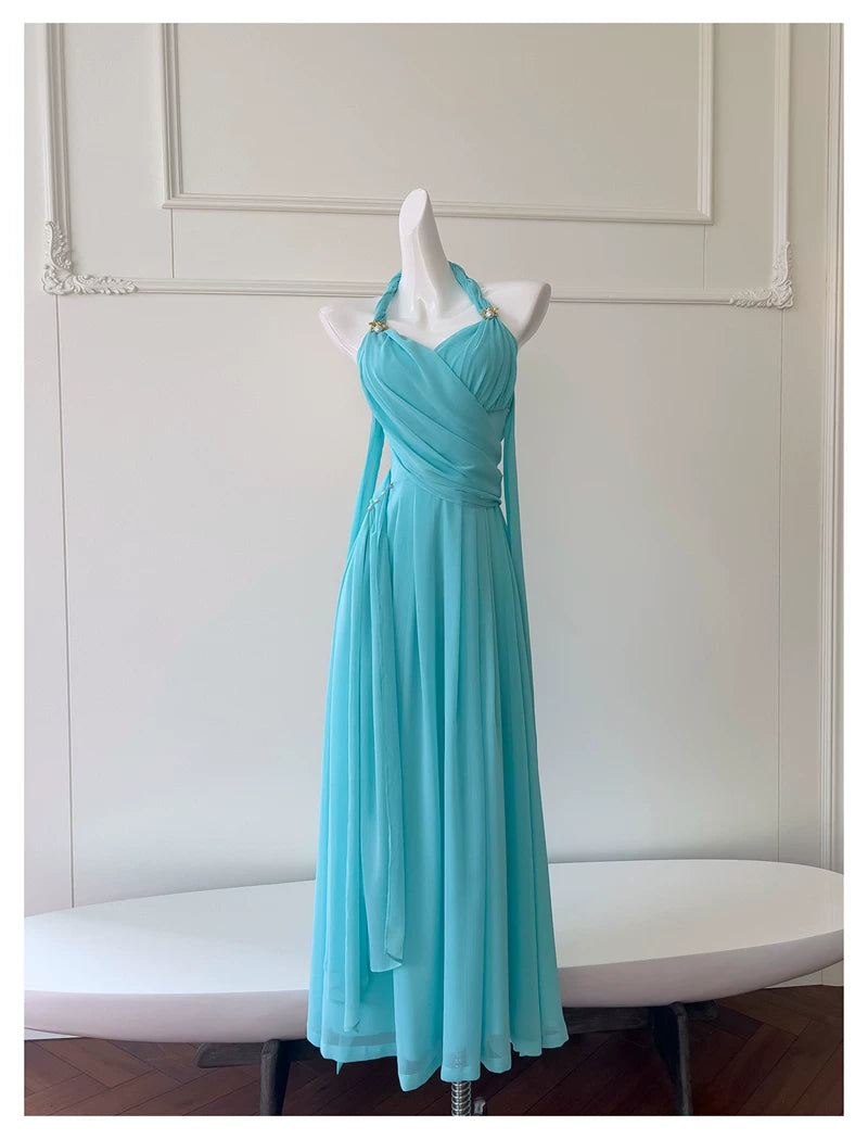 Halter Turquoise Chiffon Midi Evening Dress  F0439