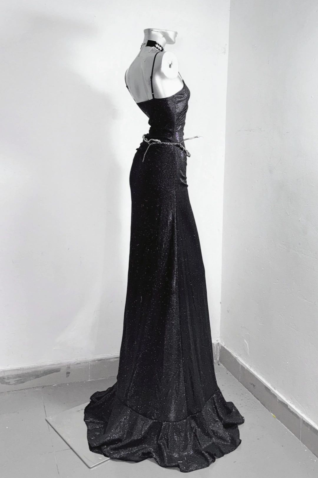 Elegant black glitter mermaid dress with thin spaghetti straps, side ruched waist and asymmetrical ruffle high slit floor-length Dress  F0285