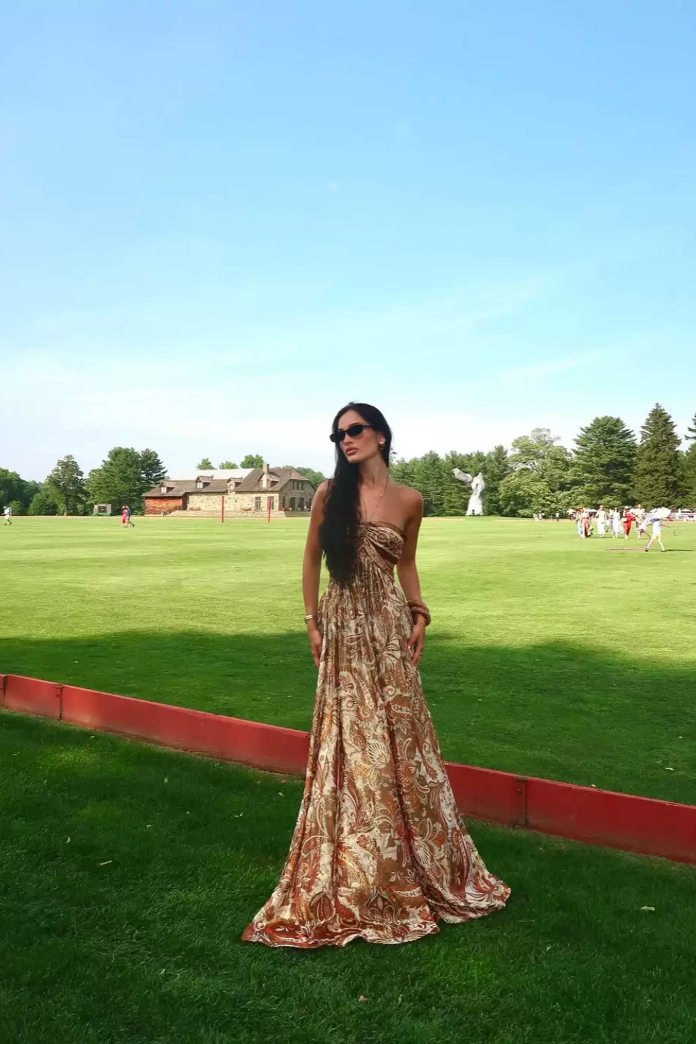 Bohemian Vintage Paisley Gold Foil Print Strapless Cutout Maxi Dress Convertible Halter Chiffon Flowy Long Dress For Holiday Beach Vacation F066