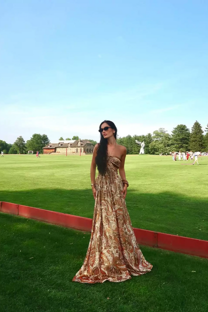 Bohemian Vintage Paisley Gold Foil Print Strapless Cutout Maxi Dress Convertible Halter Chiffon Flowy Long Dress For Holiday Beach Vacation F066