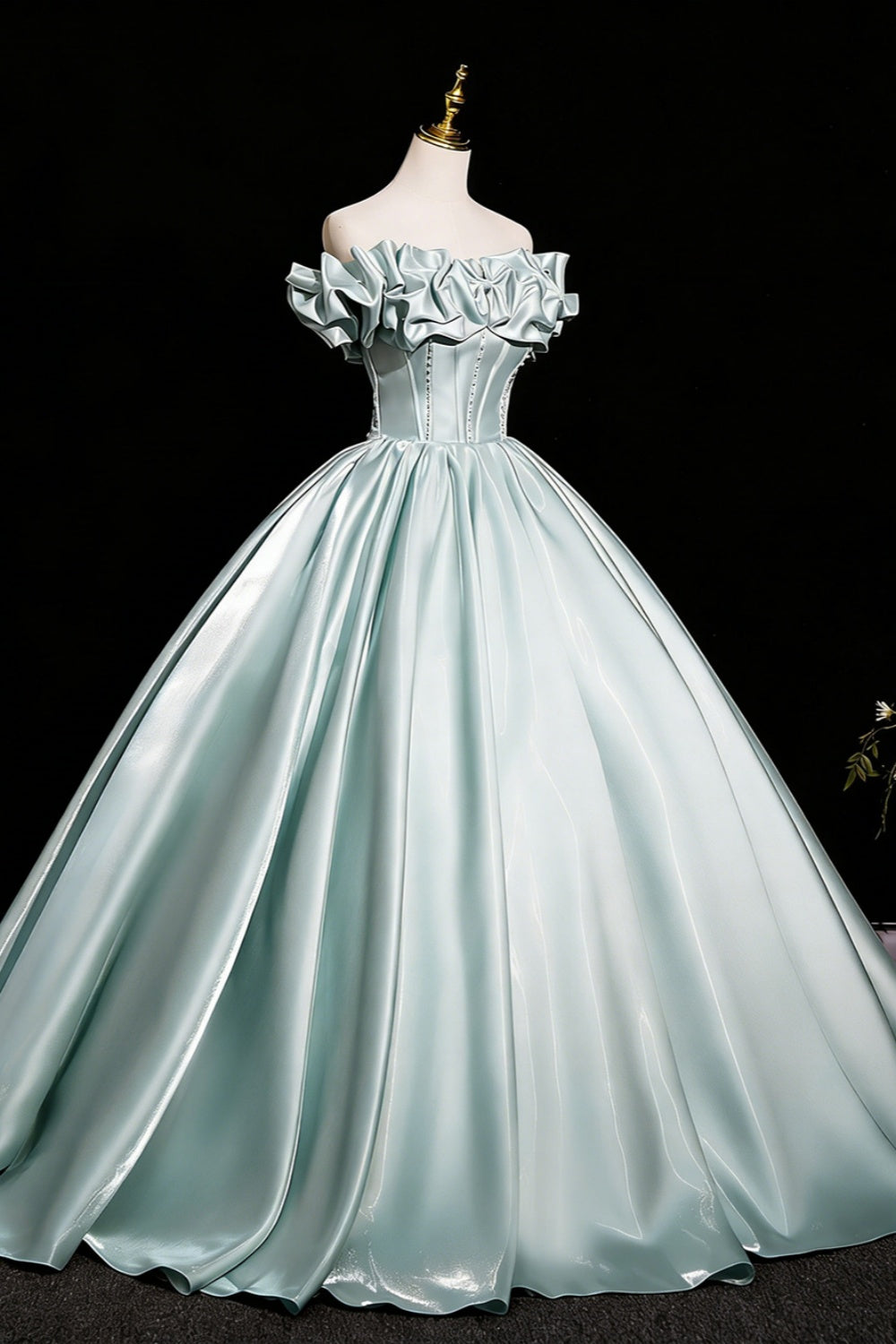 Elegant Mint Green Off-the-Shoulder Satin Ball Gown with Bow and Pearl Detail,Corset Prom Dress for Women, Formal Evening Gown for Quinceanera, Pageant and Wedding Floral019
