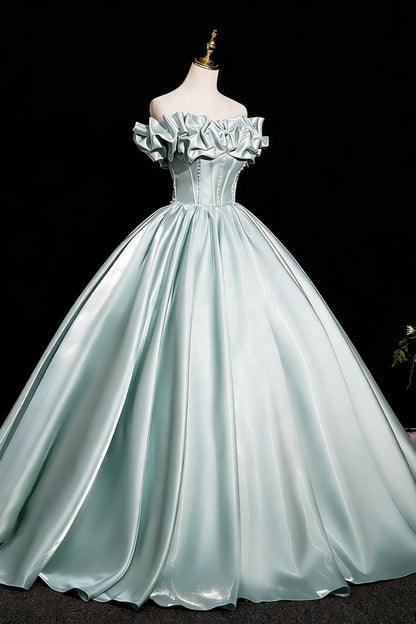 Elegant Mint Green Off-the-Shoulder Satin Ball Gown with Bow and Pearl Detail,Corset Prom Dress for Women, Formal Evening Gown for Quinceanera, Pageant and Wedding Floral019