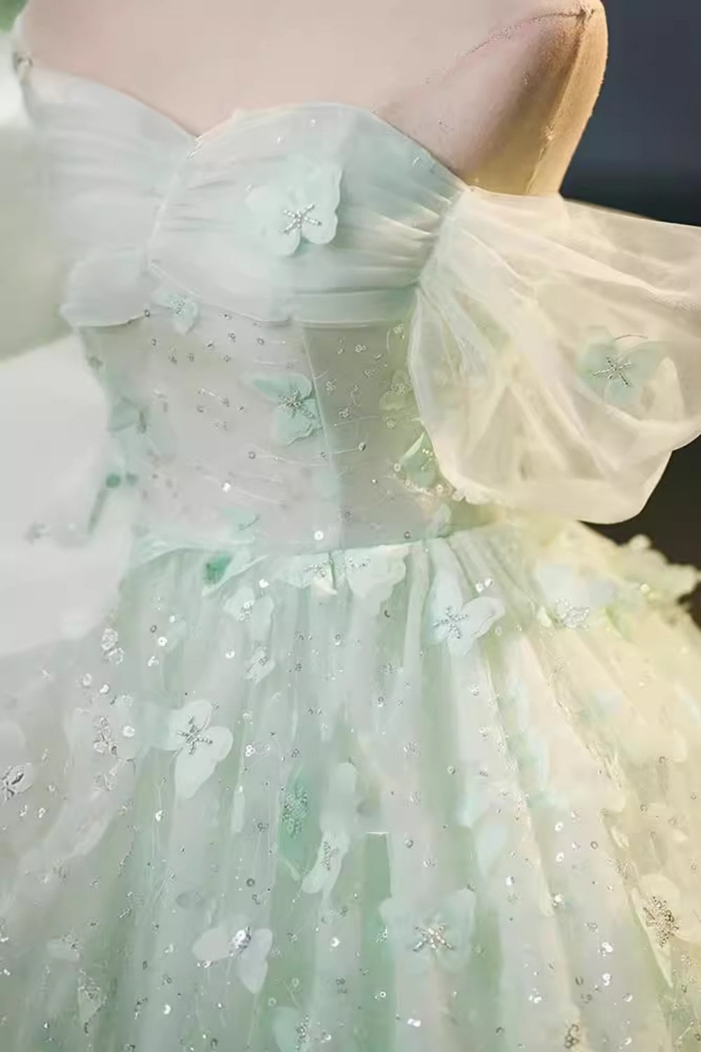 Mint Green Off-the-Shoulder Prom Dress 3D Butterfly Tulle Ball Gown for Women, Formal Evening Gown Floral017