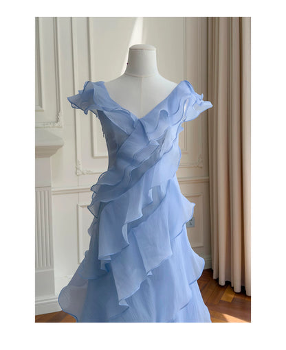 Light Blue V Neck Ruffle Long Evening Dress F0446