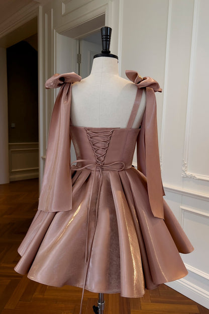 Gorgeous square neck shiny satin mini dress with big shoulder bows, puffy short dress F0287