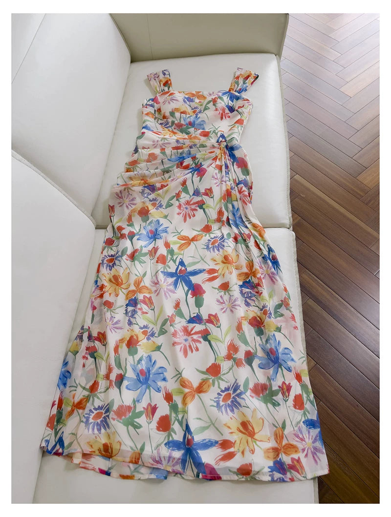 Watercolor Floral Chiffon Maxi Dress, Square Neck Spaghetti Strap Dress F0435