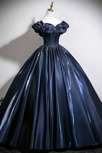 Navy Blue Off-the-Shoulder Ball Gown Satin Corset Prom Dress for Women, Formal Evening Gown Floral018