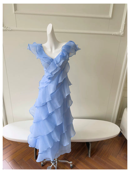 Light Blue V Neck Ruffle Long Evening Dress F0446