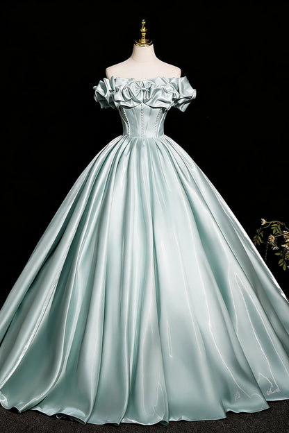 Elegant Mint Green Off-the-Shoulder Satin Ball Gown with Bow and Pearl Detail,Corset Prom Dress for Women, Formal Evening Gown for Quinceanera, Pageant and Wedding Floral019