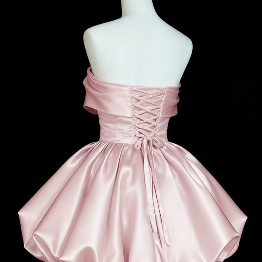Pink Satin Strapless Bubble Hem Short Prom Dress, Lace Up Back Princess Mini Dress for Birthday Party Floral-014