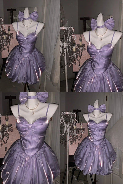 Fairy Satin Puff-Sleeve Mini Dress for Homecoming or Birthday Parties FD054