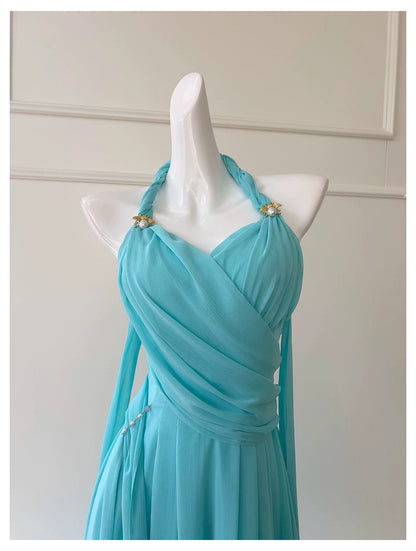 Halter Turquoise Chiffon Midi Evening Dress  F0439