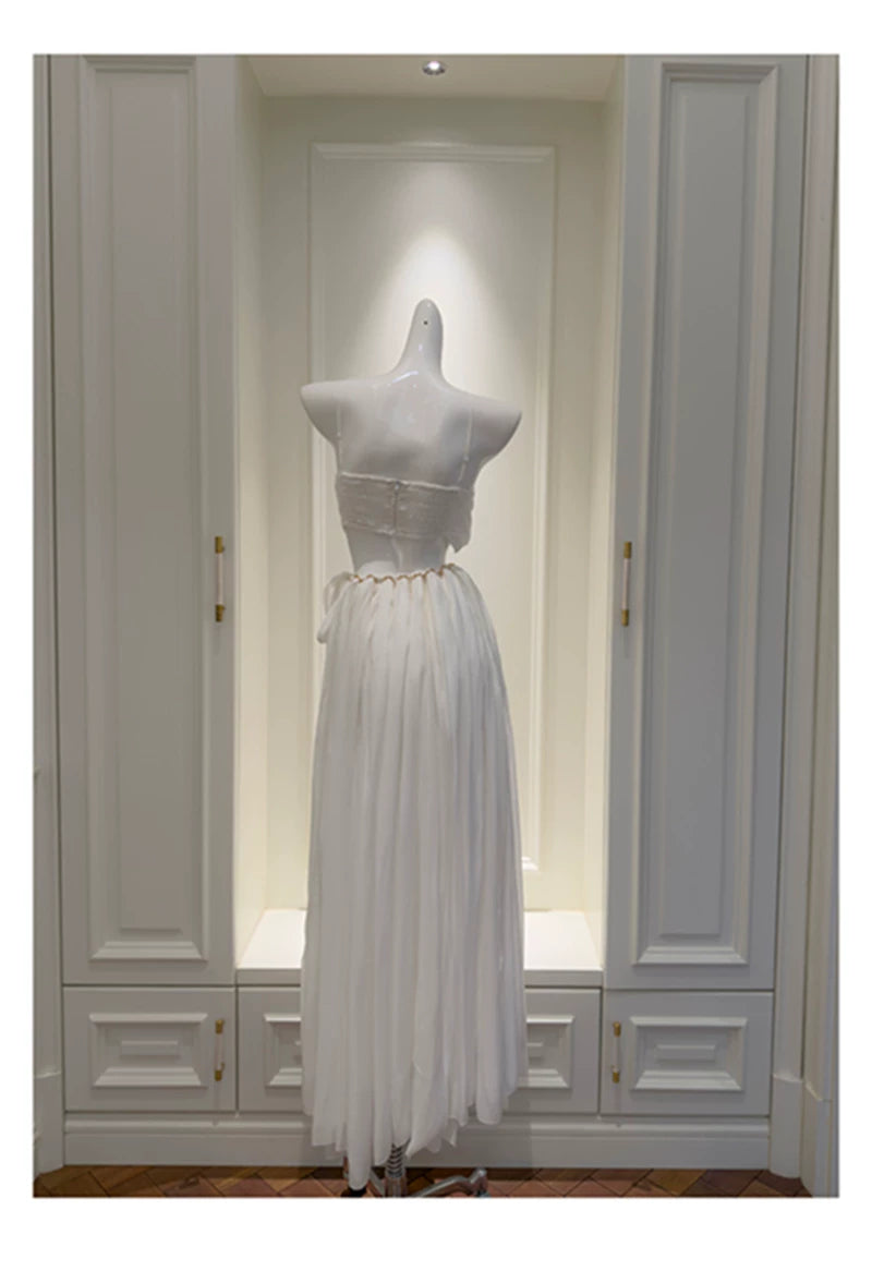 Halter White Chiffon Maxi Evening Dress F0438
